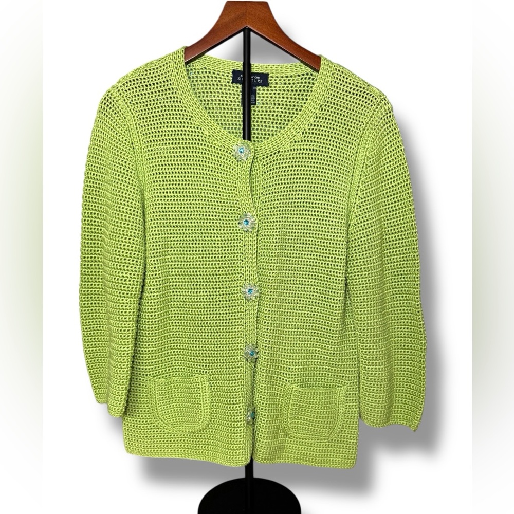 Jones New York Signature Vibrant Green‎ Knit Embellished Cardigan EUC Sz L Large